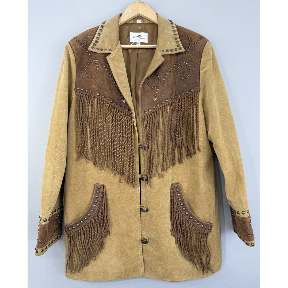 Scully Western Leather Jacket Coat Women's XXL Studded Contrast Yokes Fringe
